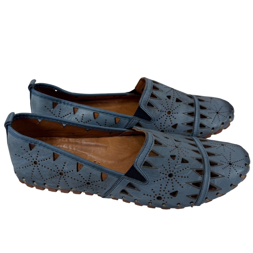 Spring Step Women Blue Leather Laser Cut Perforated Loafers Flats Size 41 Turkey